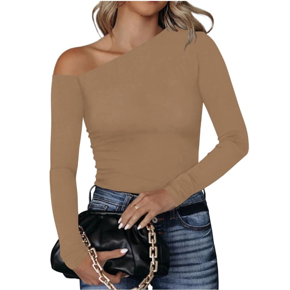 Asymmetrical Neck Off Shoulder Long Sleeve Knit Bodysuit Top Shirt Blouse Brown